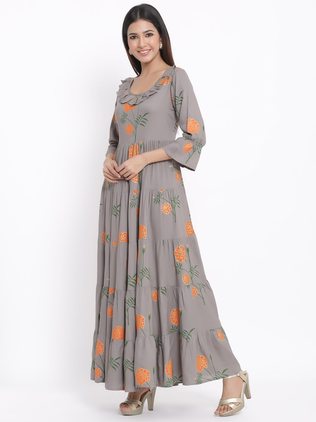 Rayon Floral Print Flared Gown