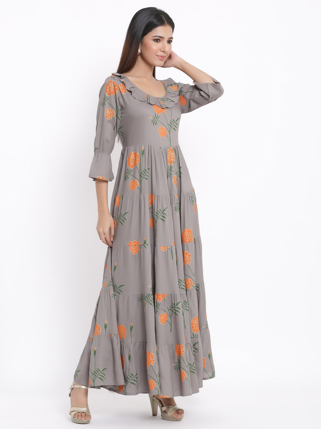 Rayon Floral Print Flared Gown