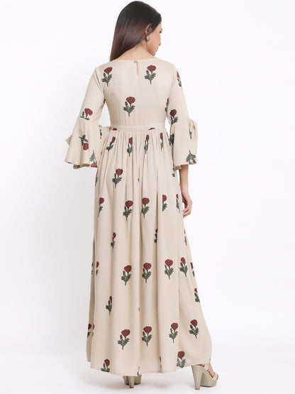 Rayon Floral Print Flared Gown