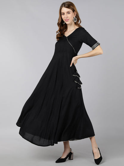 Rayon Solid Anarkali Dress (Black)