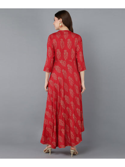 Cotton Gold Print Anarkali Kurta (Red)