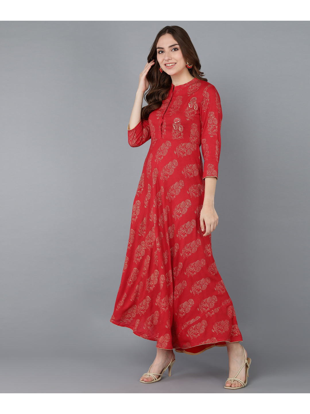 Cotton Gold Print Anarkali Kurta (Red)