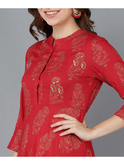 Cotton Gold Print Anarkali Kurta (Red)