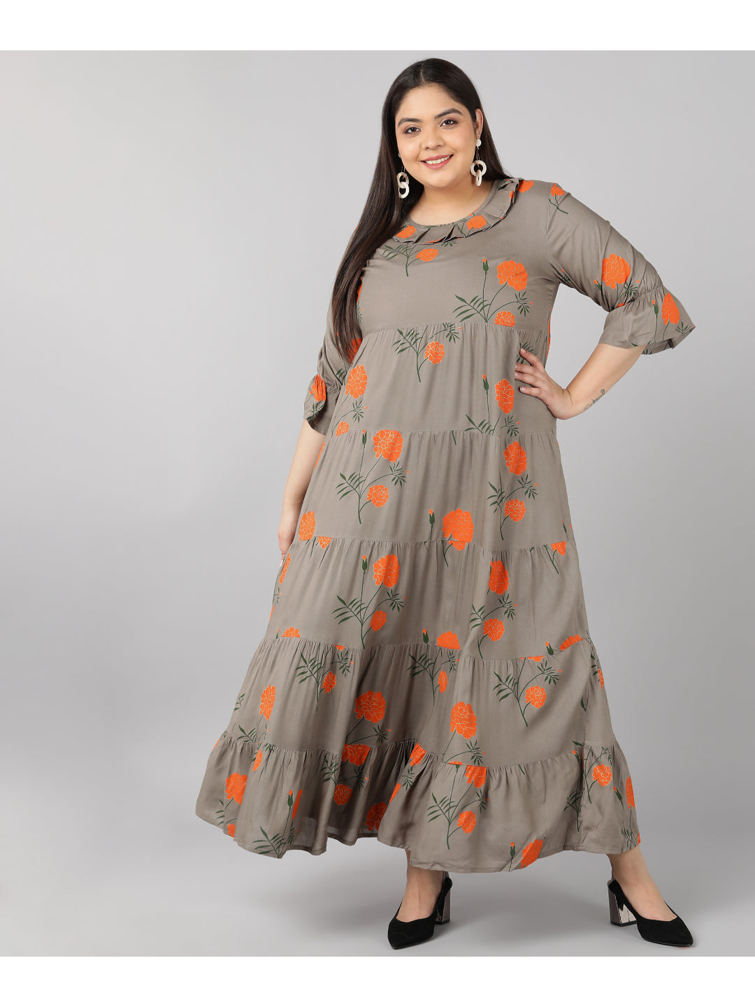 Rayon Floral Print Flared Ethnic Gown (Grey)