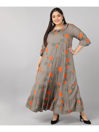 Rayon Floral Print Flared Ethnic Gown (Grey)