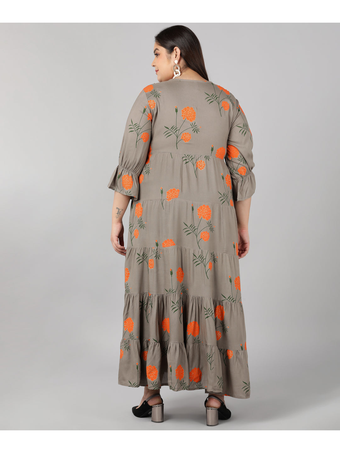 Rayon Floral Print Flared Ethnic Gown (Grey)