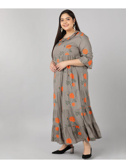 Rayon Floral Print Flared Ethnic Gown (Grey)