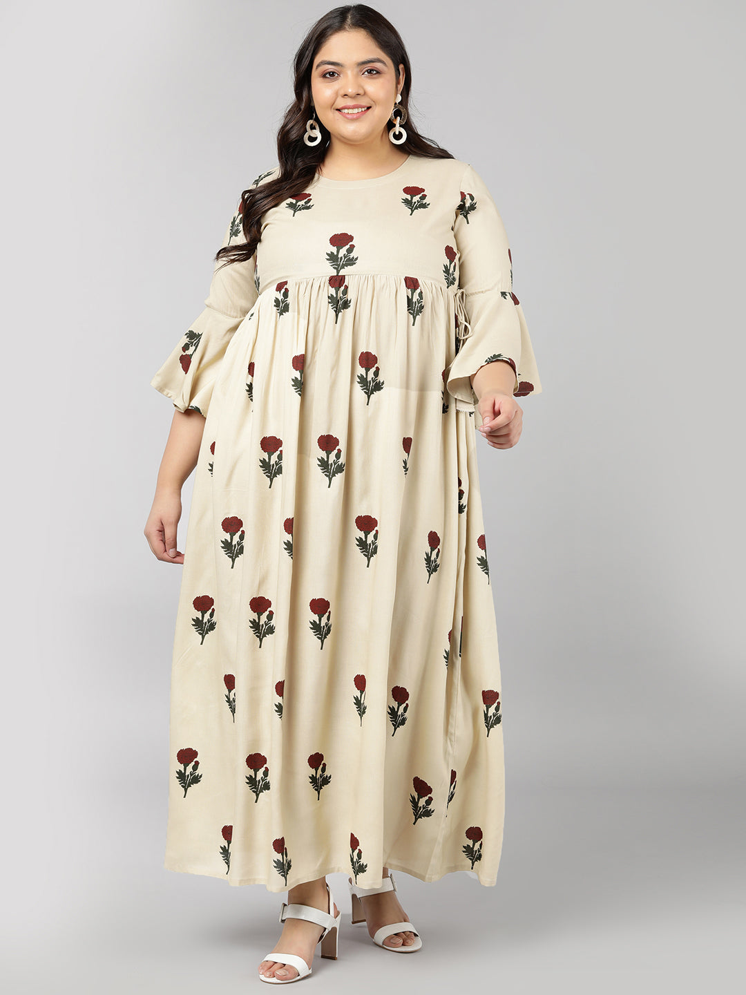 Rayon Floral Print Flared Ethnic Gown (Off-White)