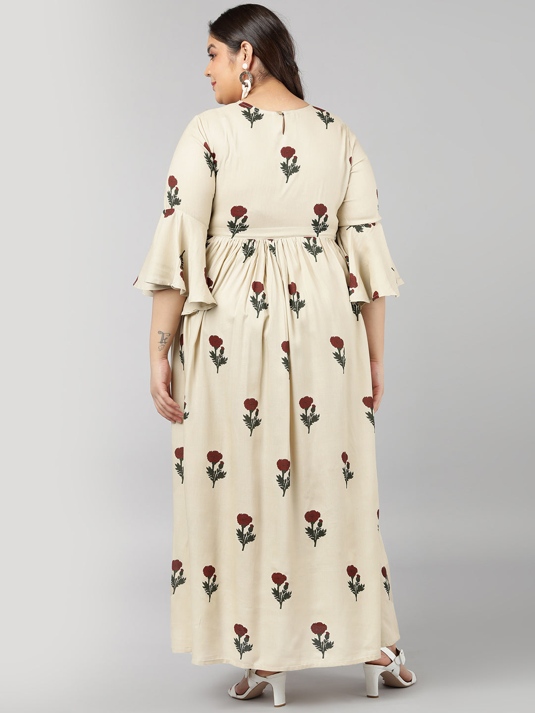 Rayon Floral Print Flared Ethnic Gown (Off-White)