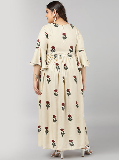 Rayon Floral Print Flared Ethnic Gown (Off-White)