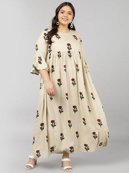 Rayon Floral Print Flared Ethnic Gown (Off-White)