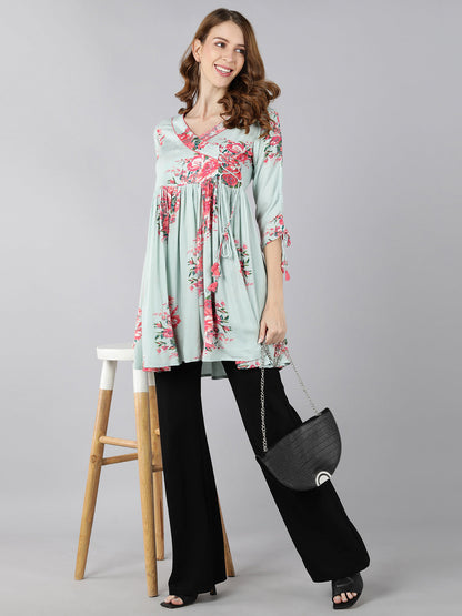 Rayon Floral Print Flared Gown (Light Green)