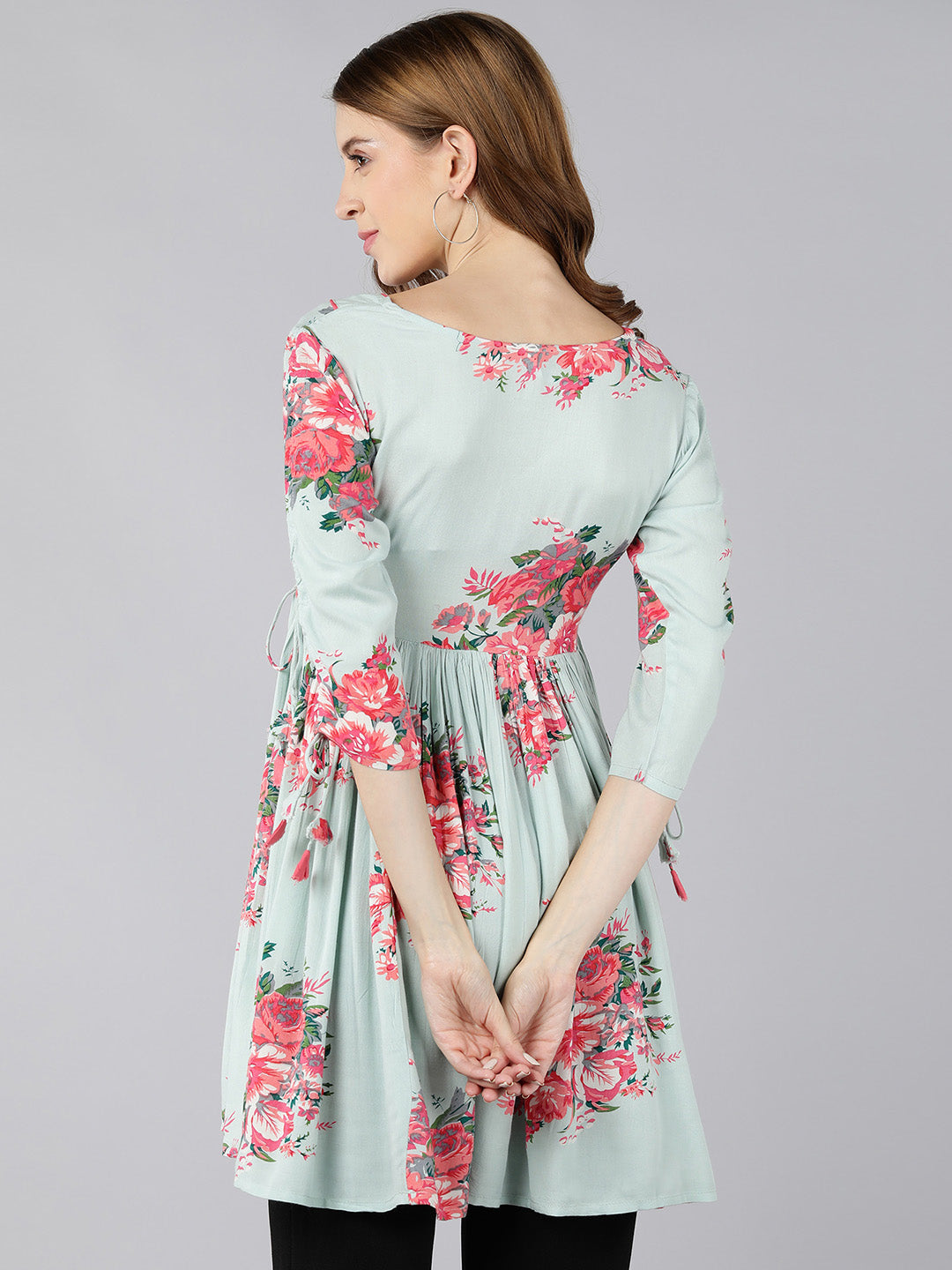 Rayon Floral Print Flared Gown (Light Green)