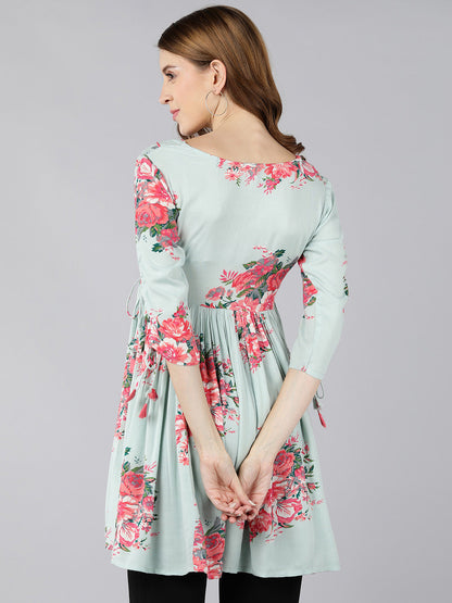 Rayon Floral Print Flared Gown (Light Green)