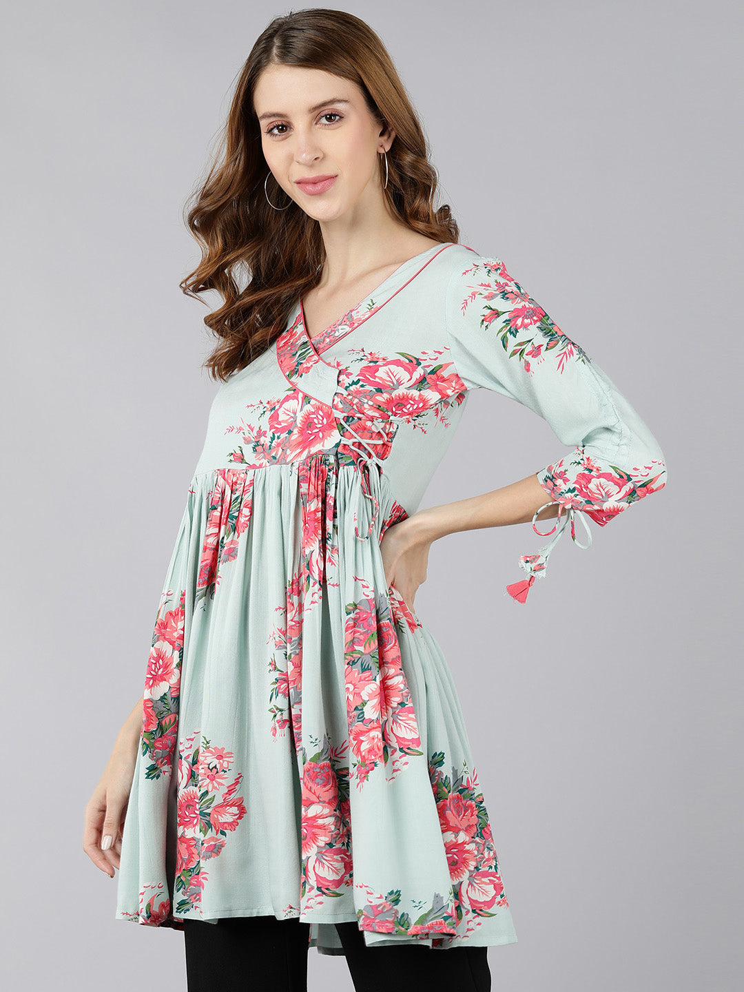 Rayon Floral Print Flared Gown (Light Green)