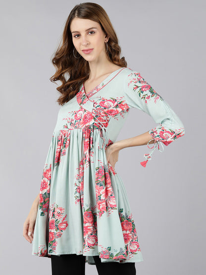 Rayon Floral Print Flared Gown (Light Green)