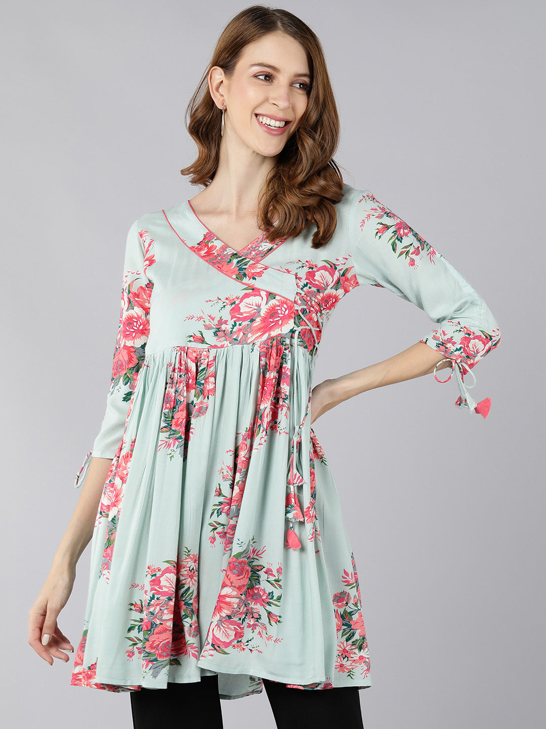 Rayon Floral Print Flared Gown (Light Green)