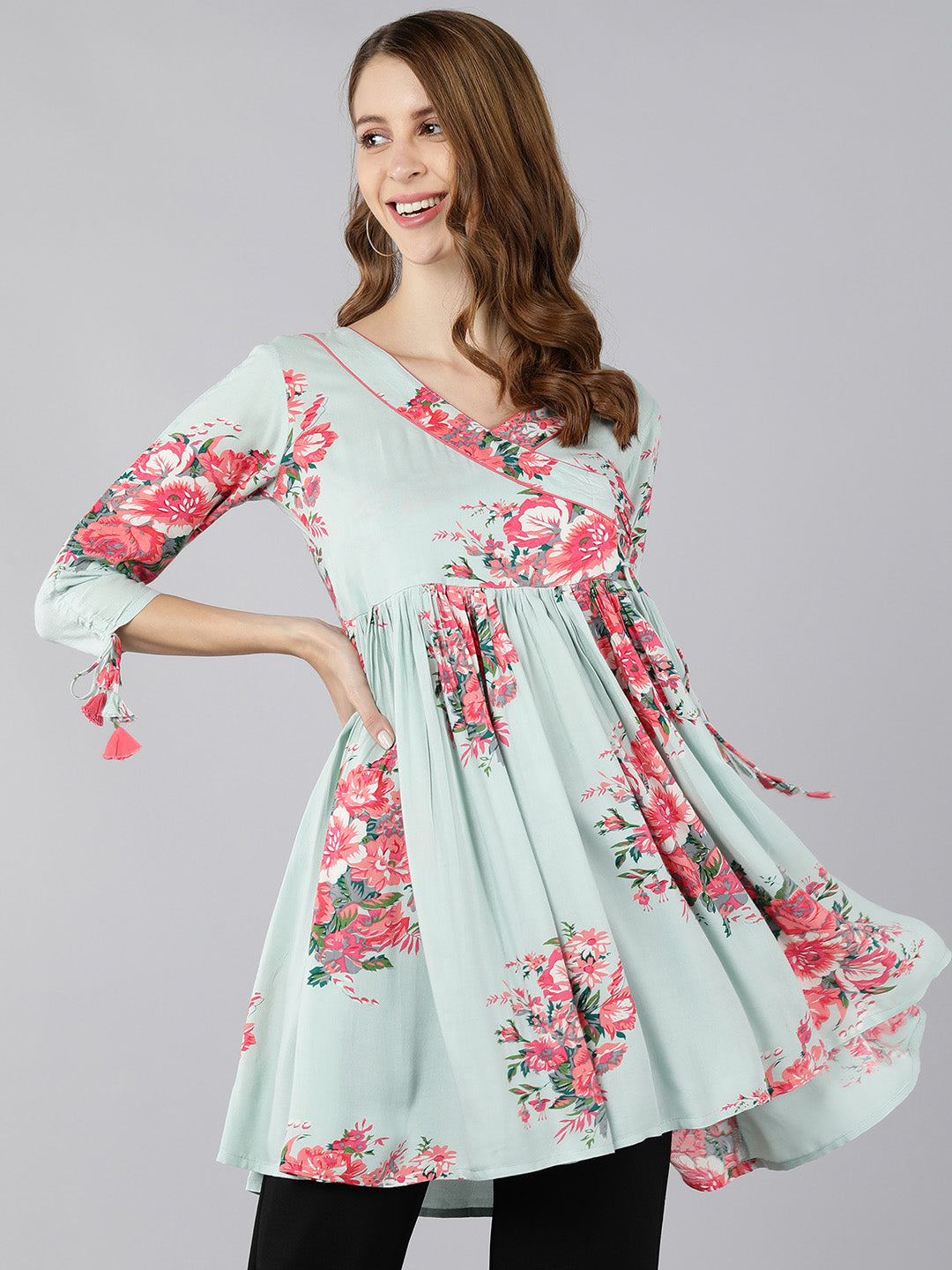 Rayon Floral Print Flared Gown (Light Green)