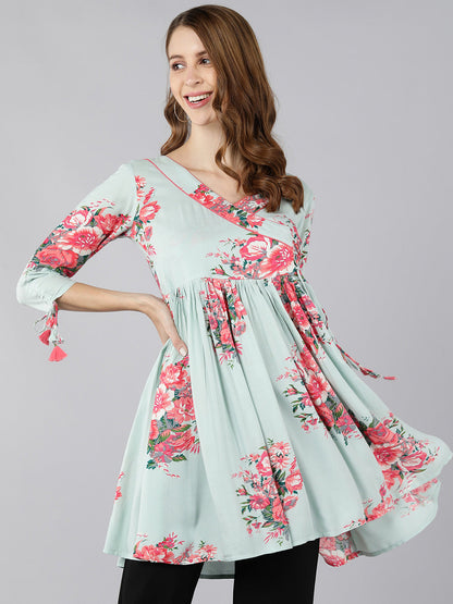 Rayon Floral Print Flared Gown (Light Green)