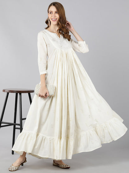 Cotton Ethnic Print Flared Gown (White)