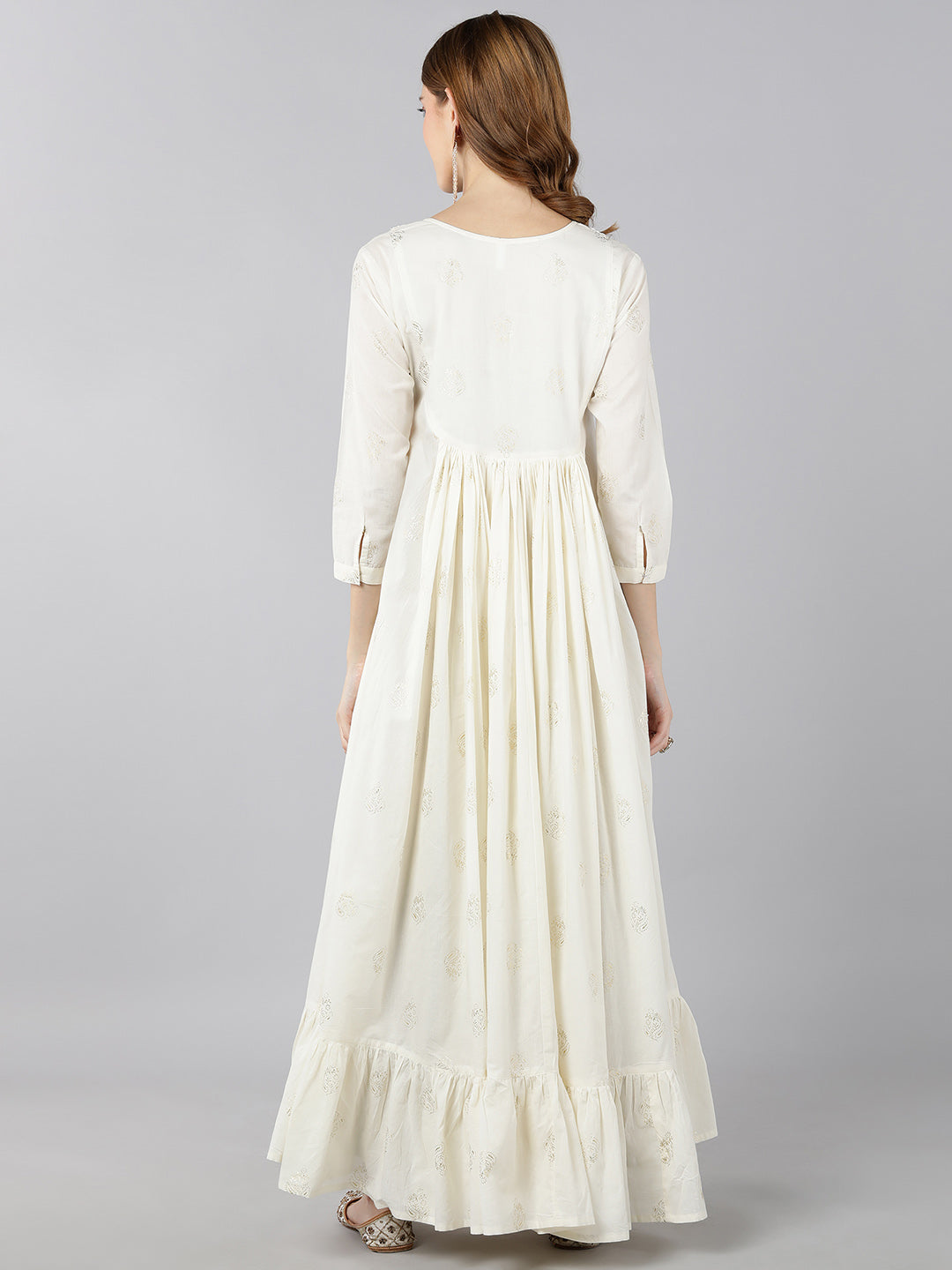 Cotton Ethnic Print Flared Gown (White)