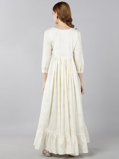 Cotton Ethnic Print Flared Gown (White)