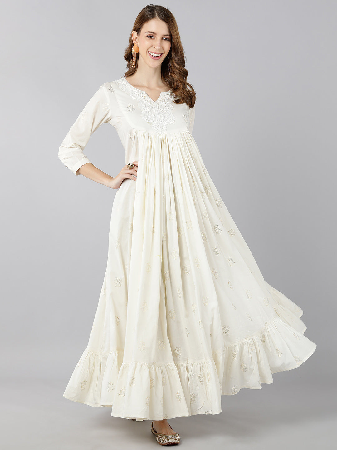 Cotton Ethnic Print Flared Gown (White)