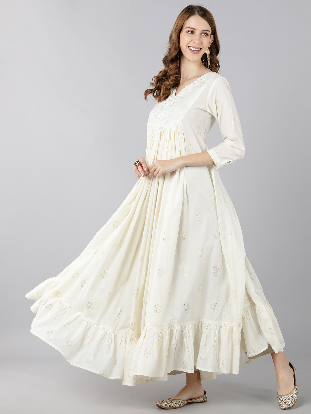 Cotton Ethnic Print Flared Gown (White)