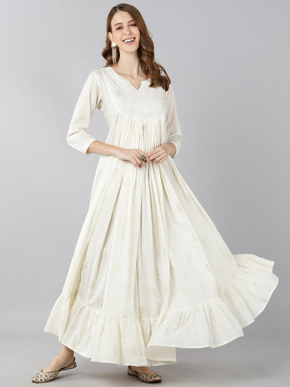 Cotton Ethnic Print Flared Gown (White)