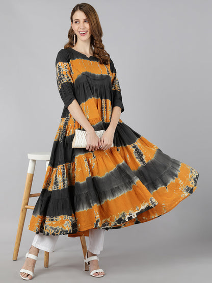 Cotton Colour blocked Tiered Gown (Grey & Mustard)