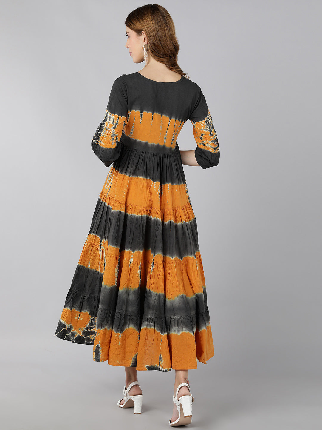 Cotton Colour blocked Tiered Gown (Grey & Mustard)