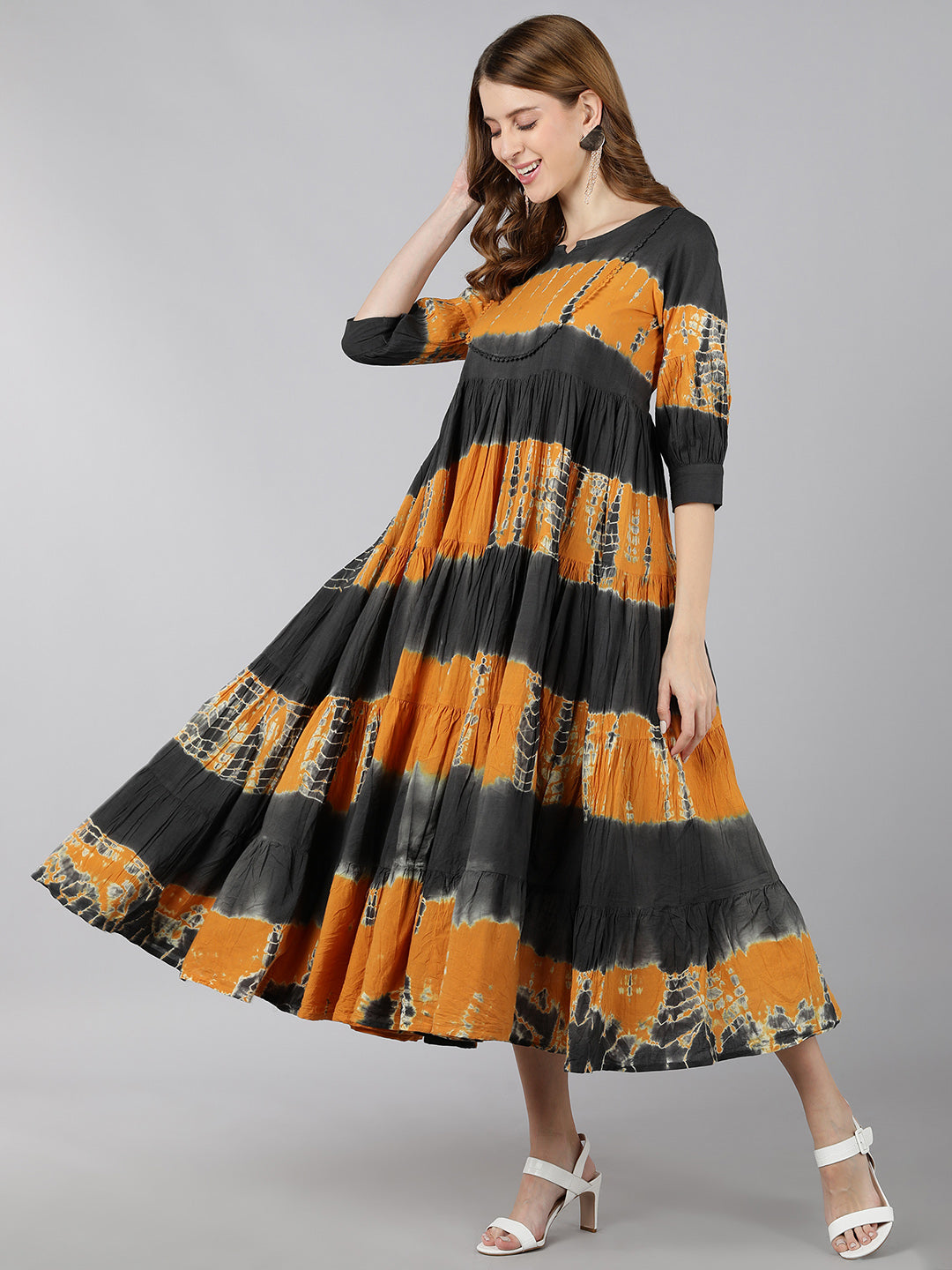 Cotton Colour blocked Tiered Gown (Grey & Mustard)
