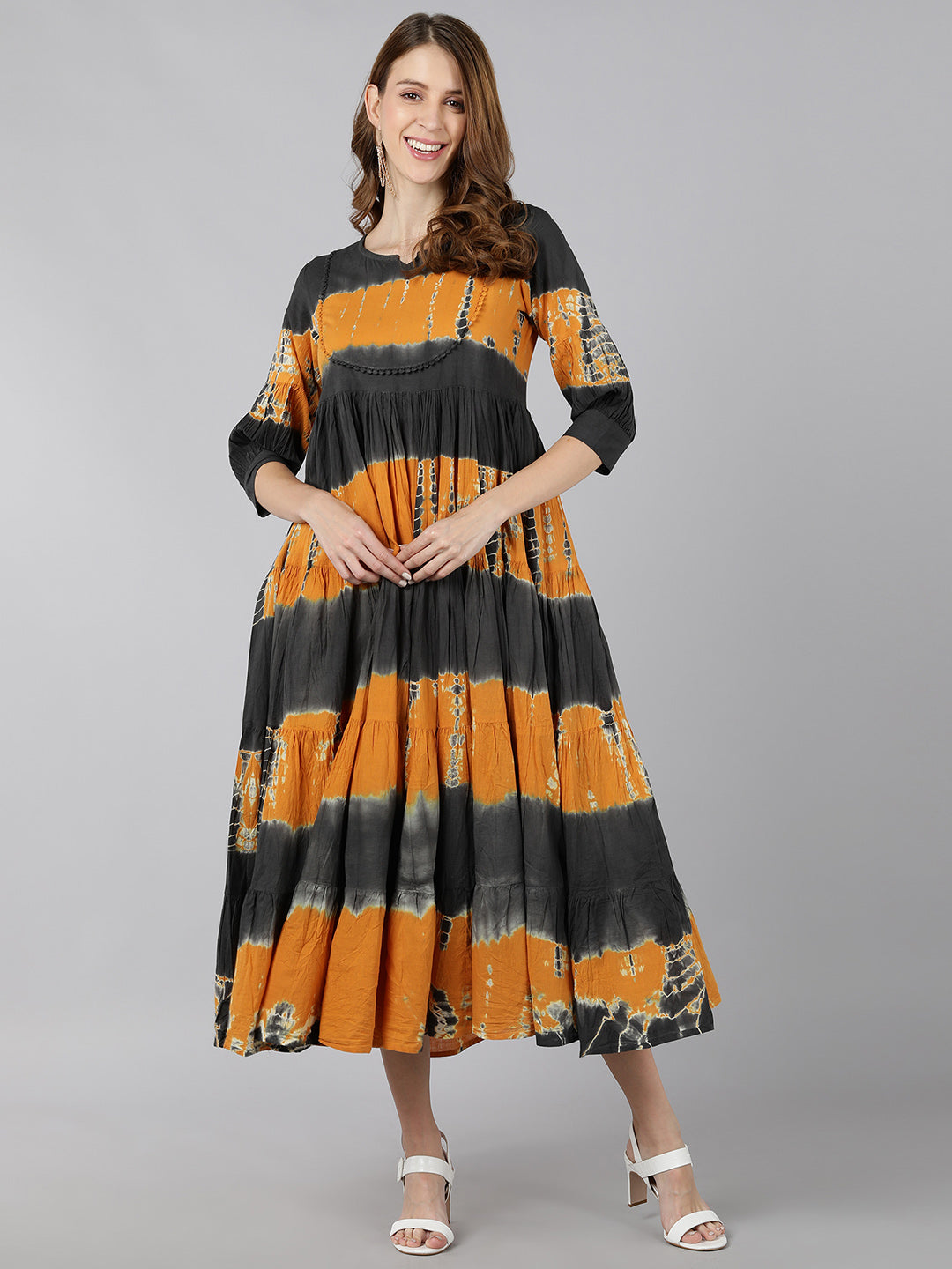 Cotton Colour blocked Tiered Gown (Grey & Mustard)