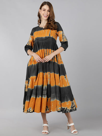 Cotton Colour blocked Tiered Gown (Grey & Mustard)