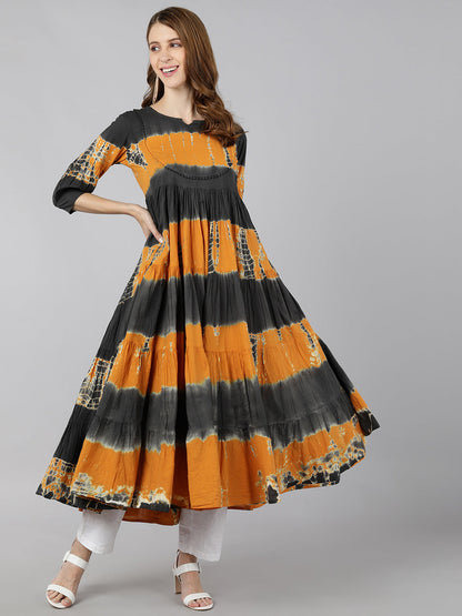 Cotton Colour blocked Tiered Gown (Grey & Mustard)