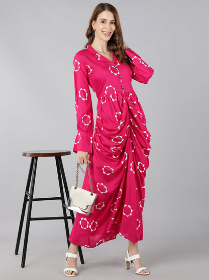 Rayon Printed A-Line Dress (Pink)