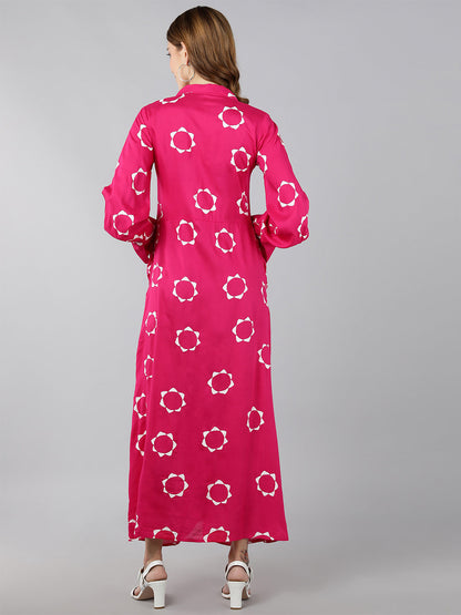 Rayon Printed A-Line Dress (Pink)