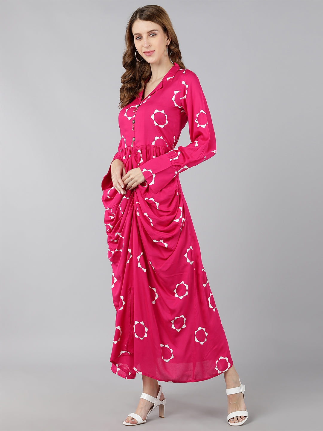 Rayon Printed A-Line Dress (Pink)