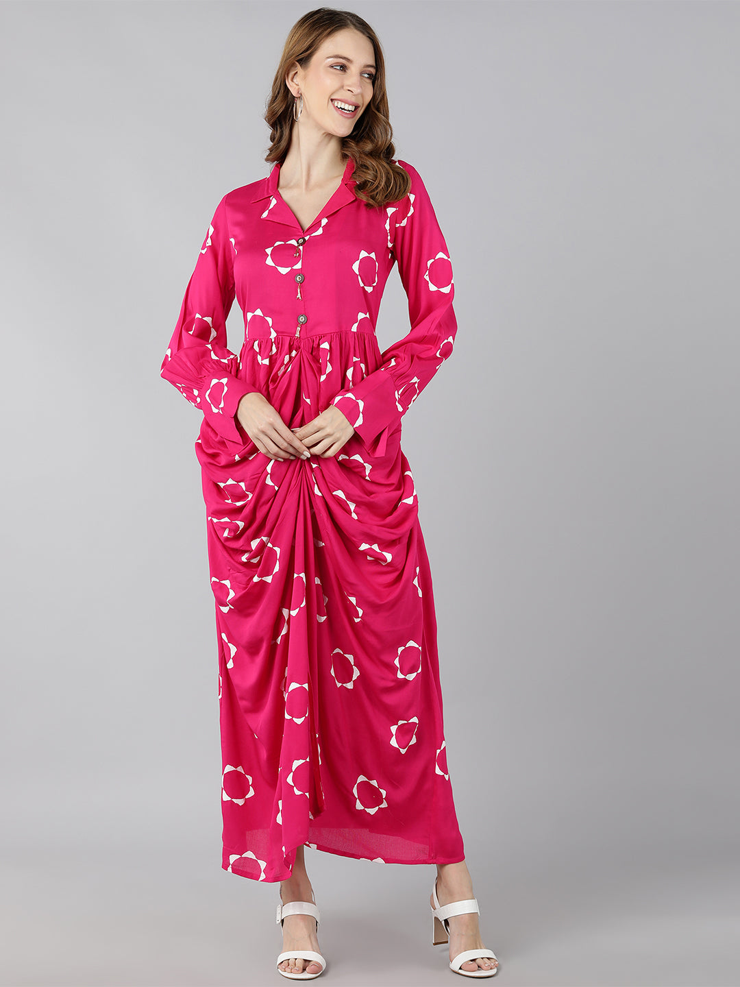 Rayon Printed A-Line Dress (Pink)