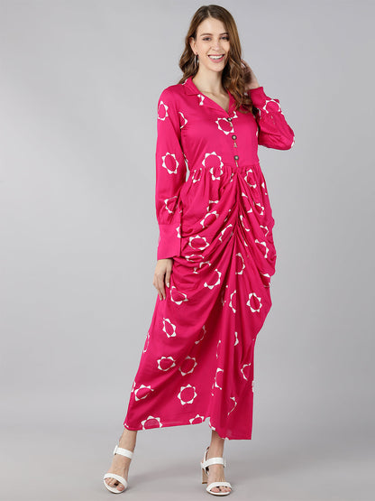 Rayon Printed A-Line Dress (Pink)