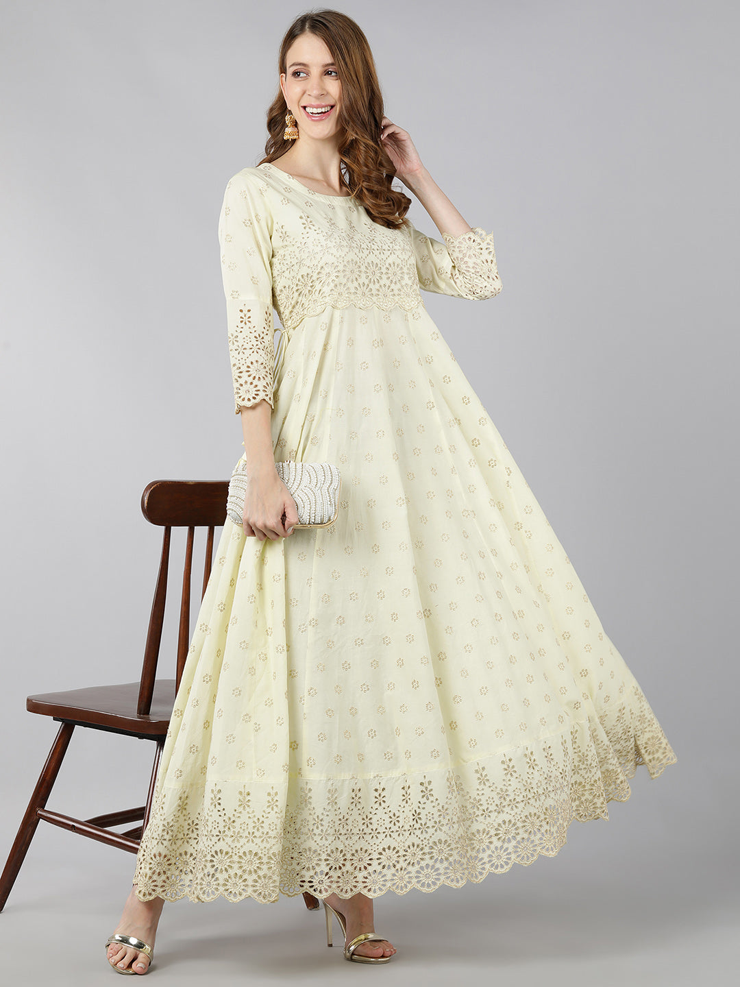 Cotton Sifli Printed Anarkali Gown (Lime Green)