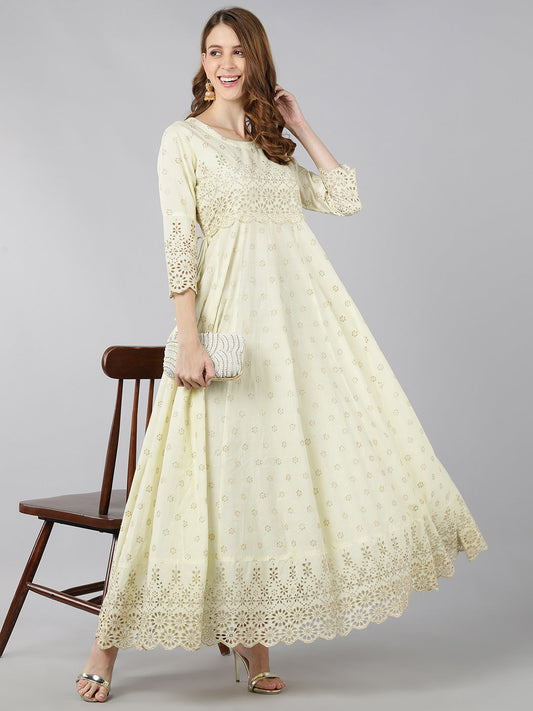 Cotton Sifli Printed Anarkali Gown (Lime Green)