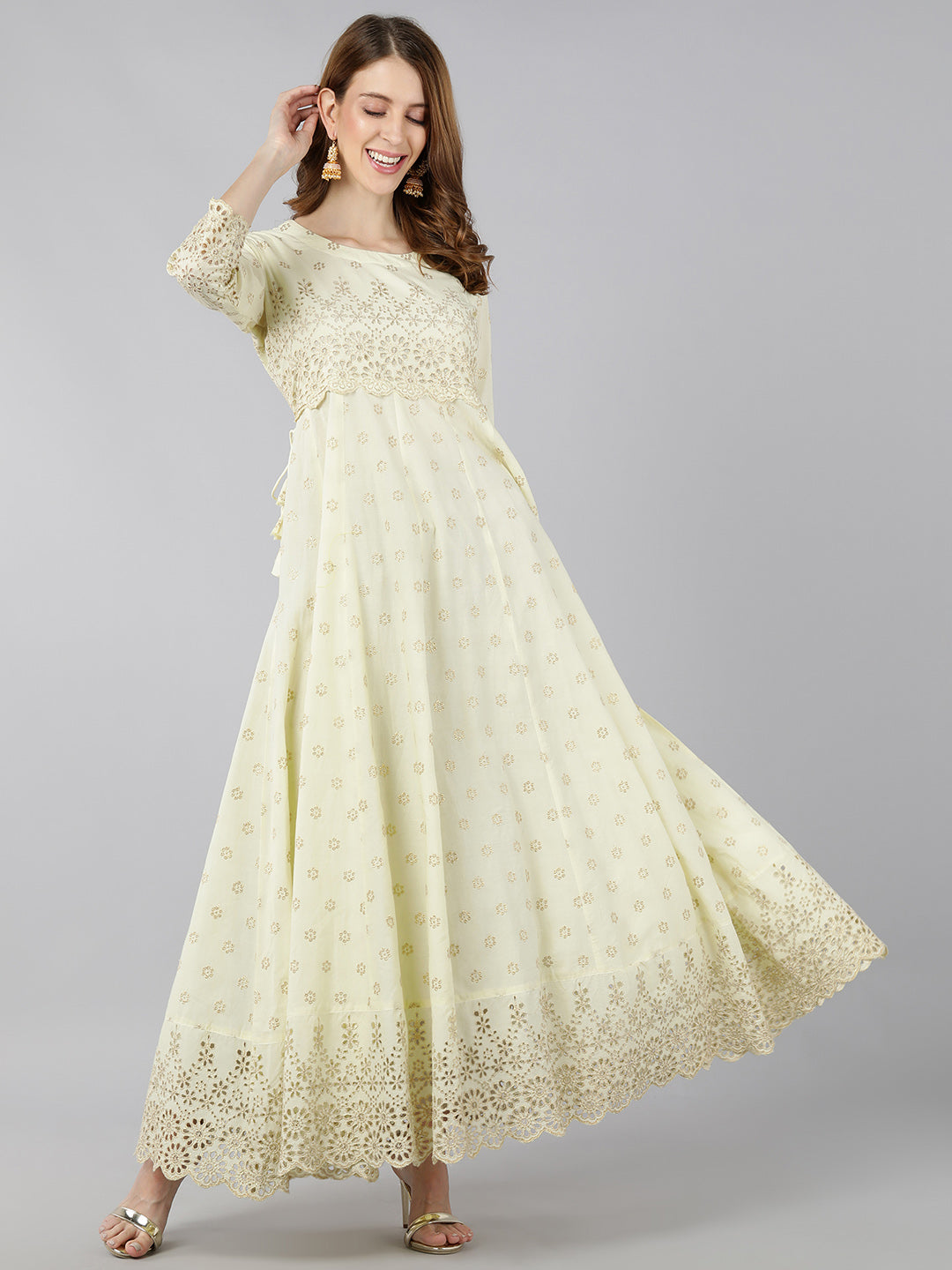 Cotton Sifli Printed Anarkali Gown (Lime Green)