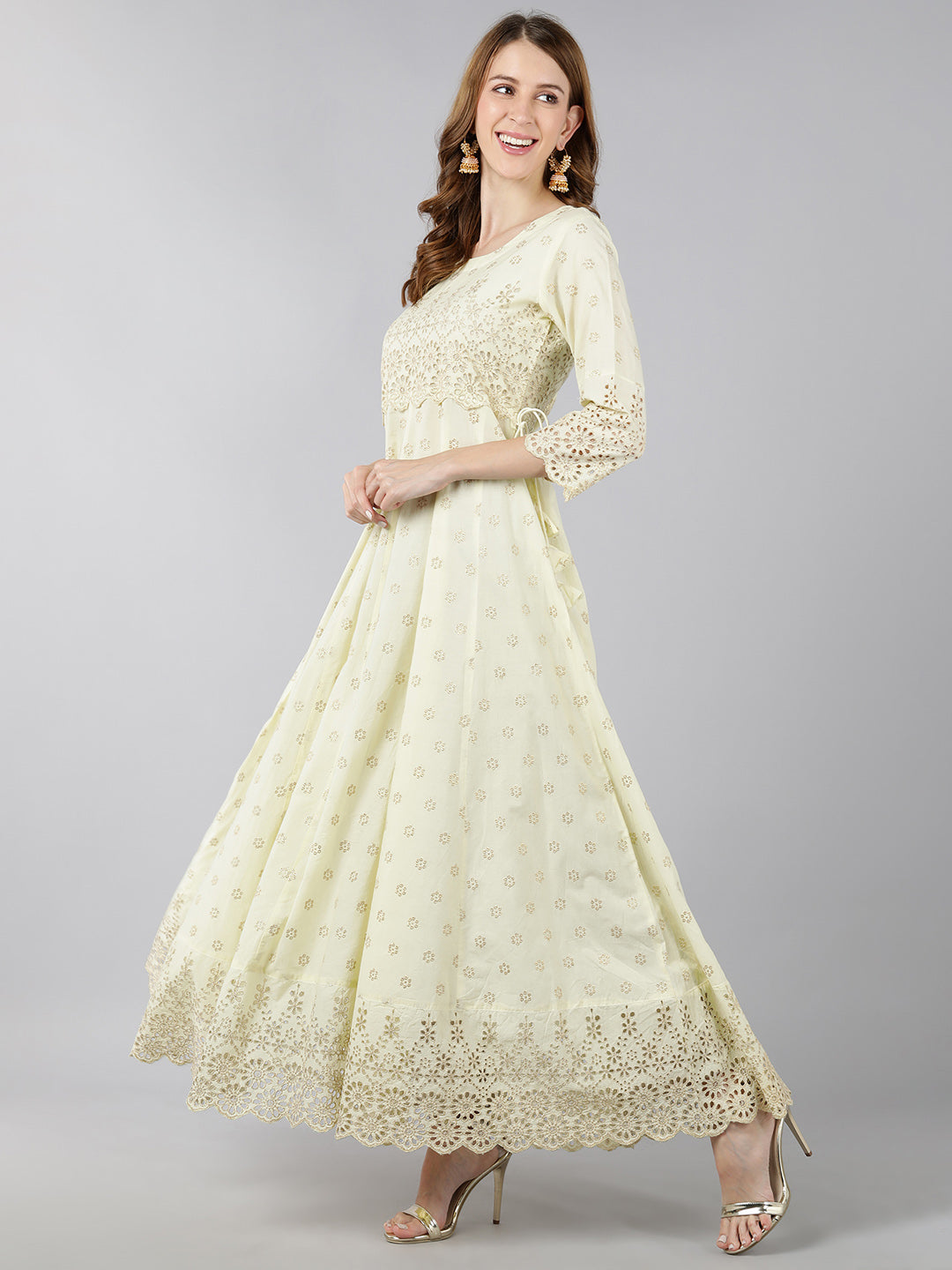 Cotton Sifli Printed Anarkali Gown (Lime Green)