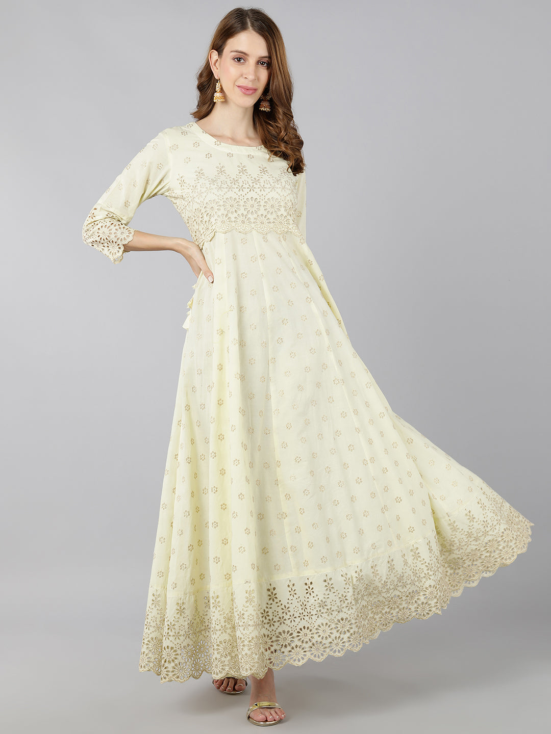 Cotton Sifli Printed Anarkali Gown (Lime Green)