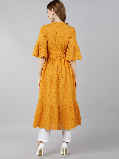Cotton Sifli Schiffli Flared Dress (Mustard)