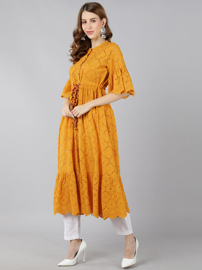 Cotton Sifli Schiffli Flared Dress (Mustard)