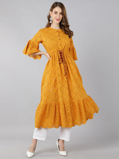 Cotton Sifli Schiffli Flared Dress (Mustard)