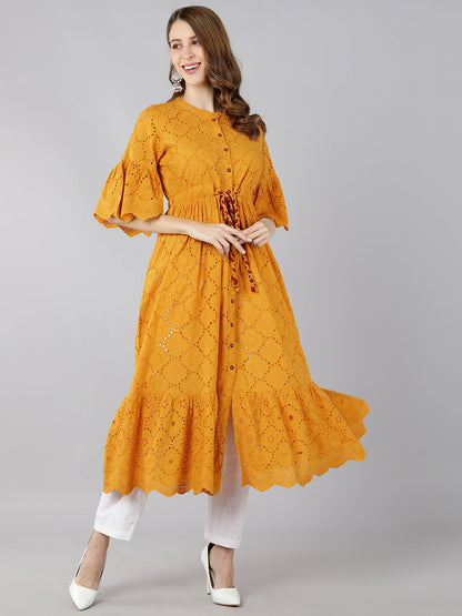 Cotton Sifli Schiffli Flared Dress (Mustard)