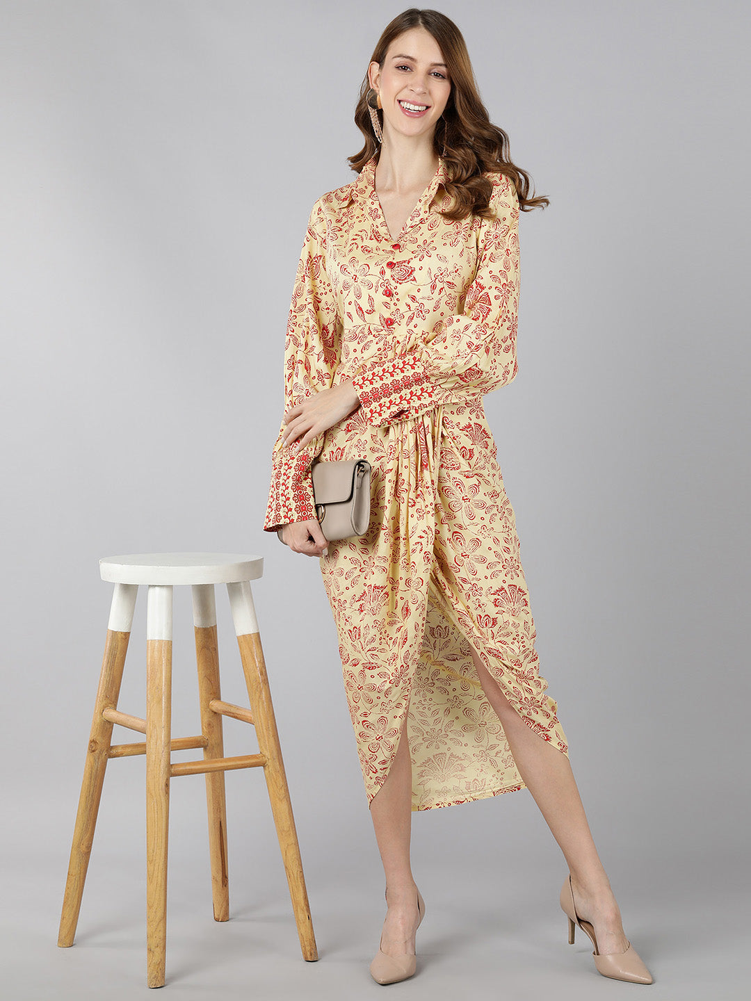 Rayon Floral tulip Dress (Cream)